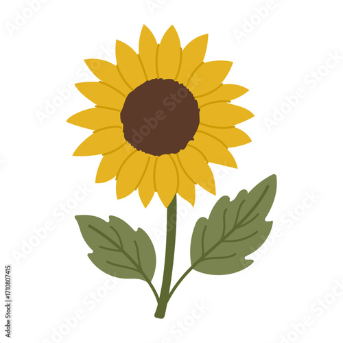 A yellow sunflower with a green leaf. The flower is the main focus of the image, and the leaf is a secondary element. The image has a bright and cheerful mood