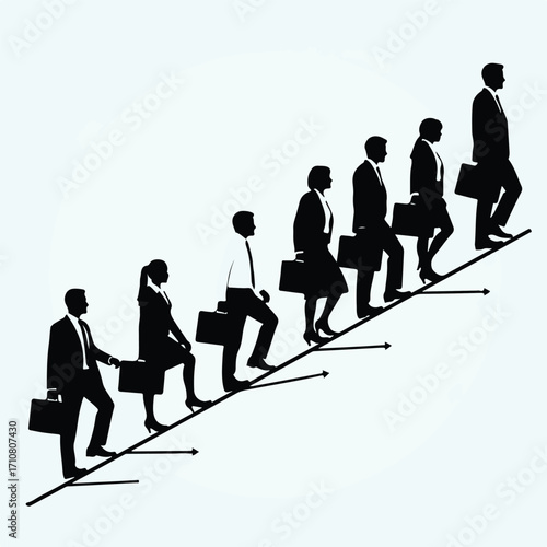 Corporate silhouettes, diverse business team standing in line, professional men and women in suits, simple bold vector illustration.""Silhouettes of business men and women walking upstairs with briefc