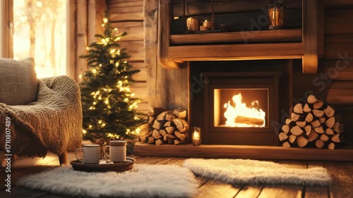 Cozy log cabin interior with a lit fireplace, christmas tree, and comfortable armchair, evoking warmth and holiday cheer 4k video
