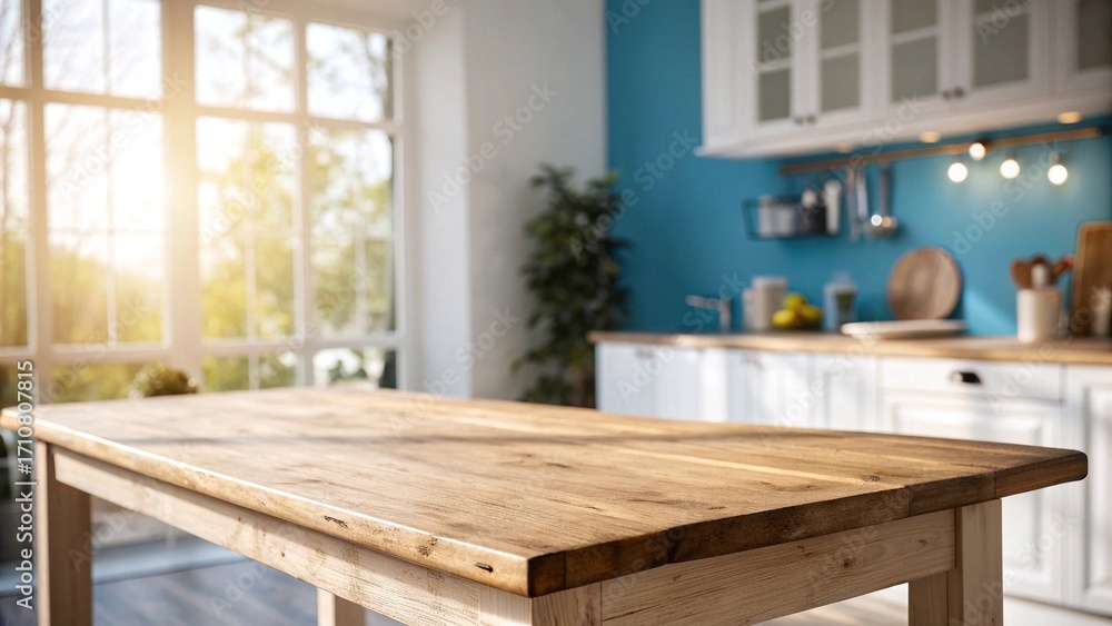 Fototapeta premium Bright modern kitchen interior with wooden table. Sunlight streaming into a contemporary kitchen with blue walls, white cabinets, and an empty rustic wooden table in foreground