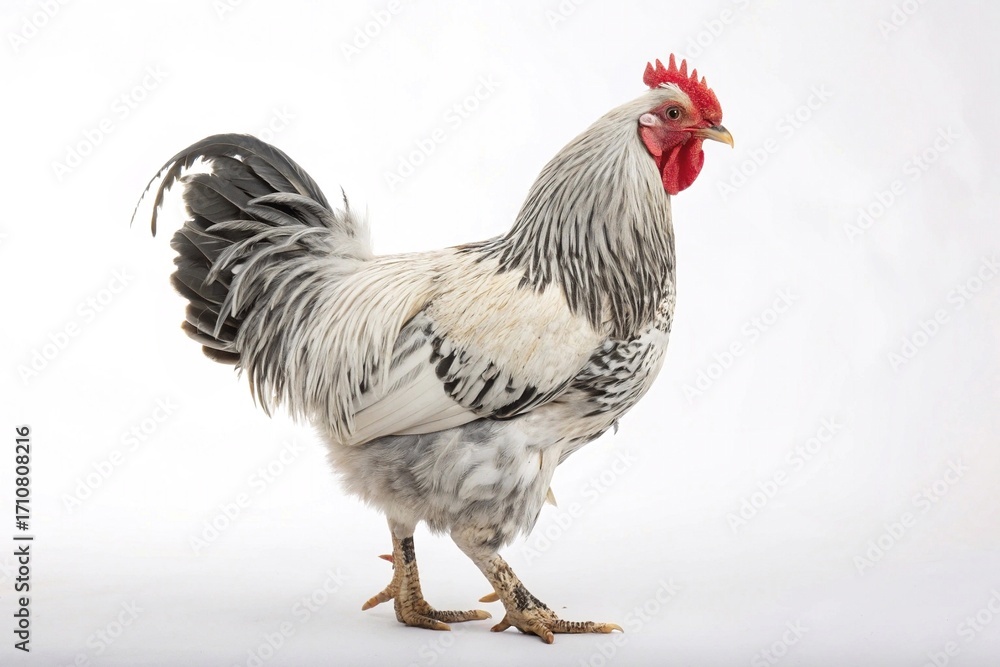 Fototapeta premium White Rooster Standing Isolated on White Background. Close-up of a white and black rooster standing proudly against a clean white backdrop, ideal for farm and animal themes