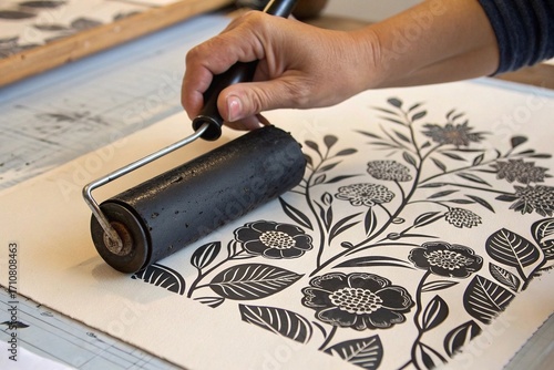 Hand Printing Floral Linocut Design with Roller. Close-up of a person using an ink roller to print a black floral linocut design onto paper in a printmaking workshop
