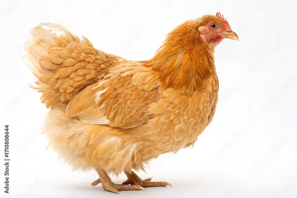 Fototapeta premium Buff Orpington chicken isolated on white background. Side view of a fluffy Buff Orpington hen standing against a clean white background, showcasing its soft golden feathers and farm charm