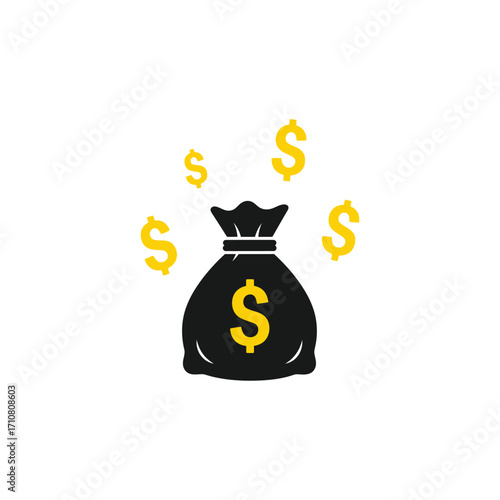 Conceptual representation of a robust money bag with floating dollar symbols, perfect for conveying ideas of financial success, savings, and economic prosperity for various design projects