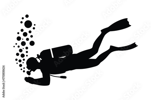 Silhouette of a scuba diver ascending with bubbles