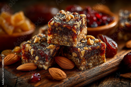 Delightful raw vegan date bars topped with walnuts in rustic spread
