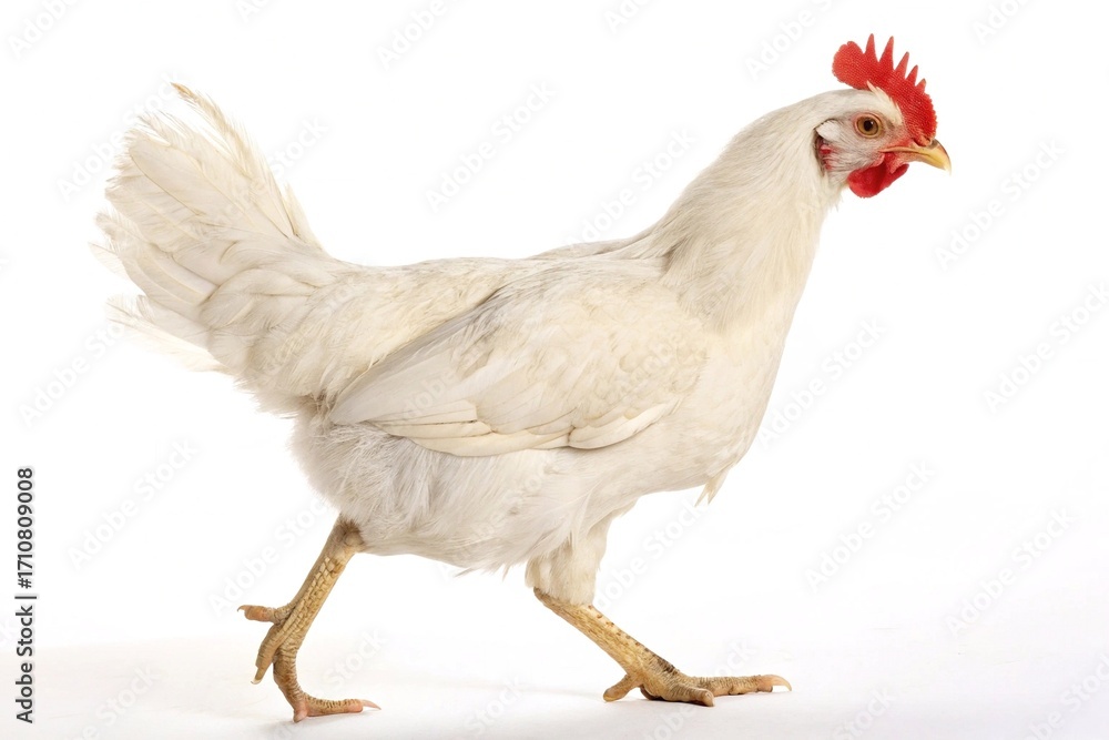 Fototapeta premium White chicken walking on white background. Side view of a white chicken in motion with red comb and yellow legs, isolated on clean white background for farming themes