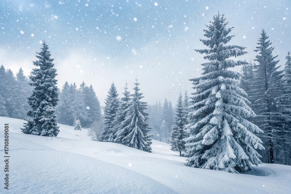 Fototapeta premium Snowy Winter Forest with Falling Snowflakes and Pine Trees. Snow-covered pine trees, falling snowflakes, white hills, foggy background, winter forest. Perfect for holiday cards, seasonal editorials