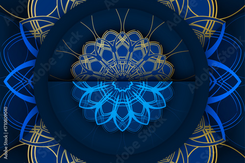 Elegant glowing blue mandala with golden star like pattern on deep blue abstract design