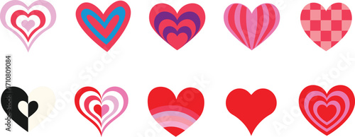 Colorful groovy retro Heart Icons Set. Love Symbol Vector, Decoration, Romantic Heart Shapes, Abstract Love Design, Cute Red Pink Heart Illustration, Modern Geometric Heart.