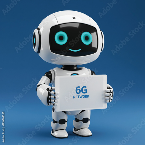Cute Robot Promoting 6G Network. A friendly, cartoonish robot, rendered in white with teal-blue eyes, stands against a deep blue background. EPS Vector