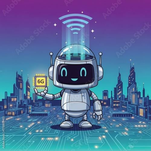 A friendly, cartoon robot stands on a circuit board cityscape background, holding up a 6G processor chip. EPS Vector