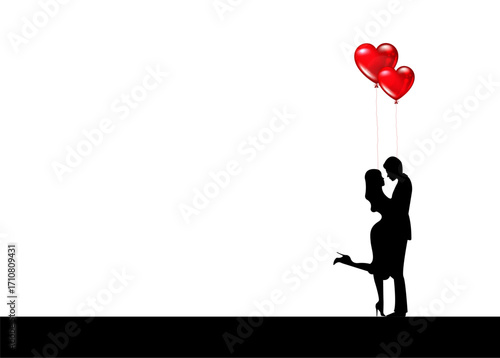 Romantic silhouette of loving couple. Valentines Day 14 February. Happy Lovers. Vector illustration isolated on white background and copy space for your text