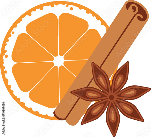 A vibrant pixel art illustration showcases a cross-section of an orange, a cinnamon stick, and a star anise. 
