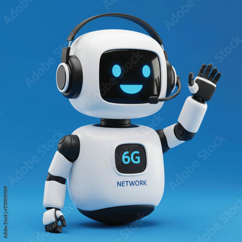 Friendly Robot Assistant Welcoming 6G Network. A cheerful, white robot wearing a headset and waving is the central figure. EPS Vector