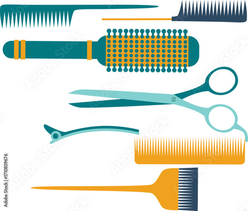 Colorful Hair Styling Tools Set: Combs, Mirrors, Dryer, Straightener, and Accessories for Salon or Home