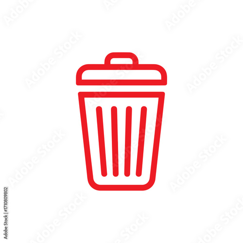 Modern red line art of a trash can for website icons and designs, symbolizing waste management, recycle, deletion, or removal, a simple and clean graphic element
