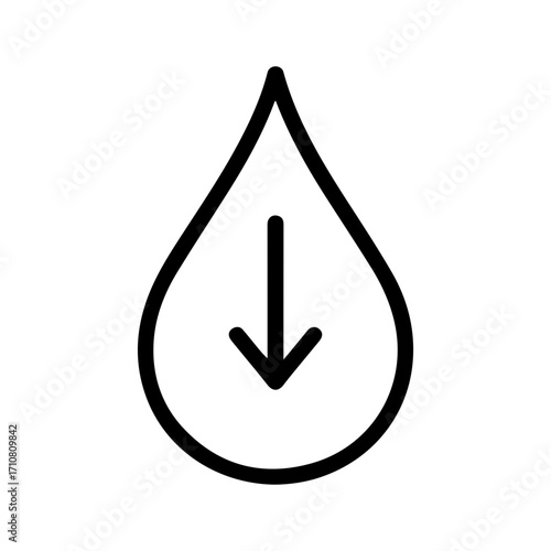 Minimalist water drop with downward arrow symbolizing conservation and purity for eco-friendly designs, hydration themes, and sustainable living initiatives