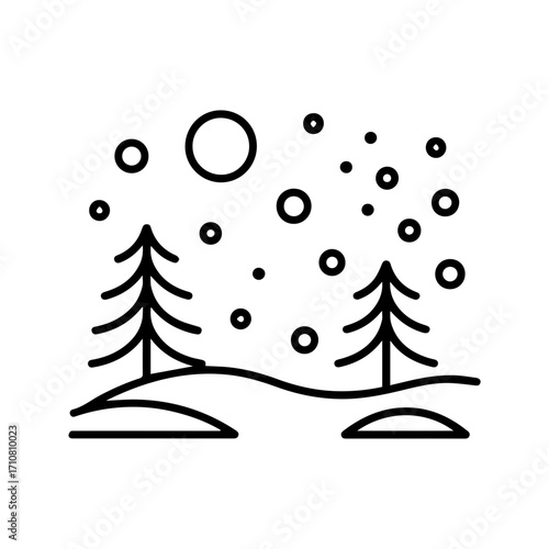 Minimalist winter scene with snow falling on pine trees under the moon, evoking a peaceful and serene holiday spirit, perfect for seasonal designs and graphics