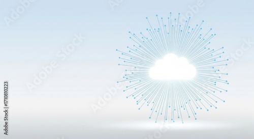Abstract cloud computing network with radiating lines and data points on a light blue gradient background