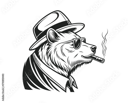 A black and white graphic illustration of a bear wearing a fedora, sunglasses, and smoking a cigar