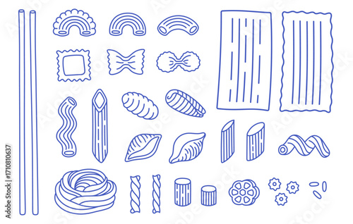 Outline different types of pasta. Hand drawn doodle macaroni, farfalle, penne, fusilli, stellino, ruot, ditalini. Italian cuisine gourmet food elements. Vector illustration in trendy flat style