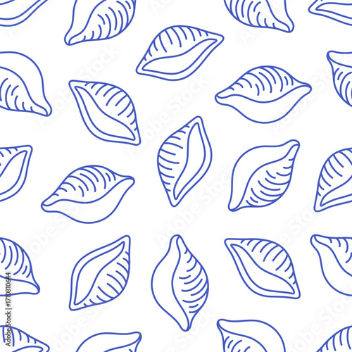 Seamless pattern with hand drawn doodle Italian pasta. Italian cuisine gourmet food elements. Design for banner, wallpaper, wrapping paper, background, card, poster. Vector illustration in flat style