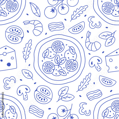 Seamless pattern with hand drawn Italian pizza. Design for banner, wallpaper, wrapping paper, background, card, poster, menu. Vector illustration in flat style