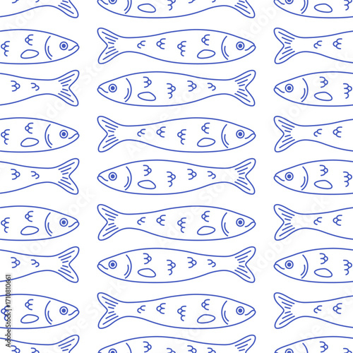 Seamless pattern with sardines. Outline fish seamless pattern. Mediterranean italian style. Doodle print for banner, wallpaper, textile, wrapping paper, background, cards. Vector illustration