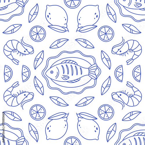 Seamless pattern with hand drawn mediterranean food. Lemons, grilled fish, shrimps. Italian dolce vita aesthetics. Vector illustration in trendy flat style