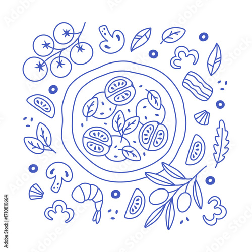 Hand drawn Italian pizza design for banner, background, card, poster, menu. Outline mediterranean italian pizza with ingredients. Vector illustration in trendy flat style