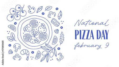 Hand drawn Italian pizza design for banner, background, card, poster, menu. Outline mediterranean italian pizza design. Vector illustration in trendy flat style