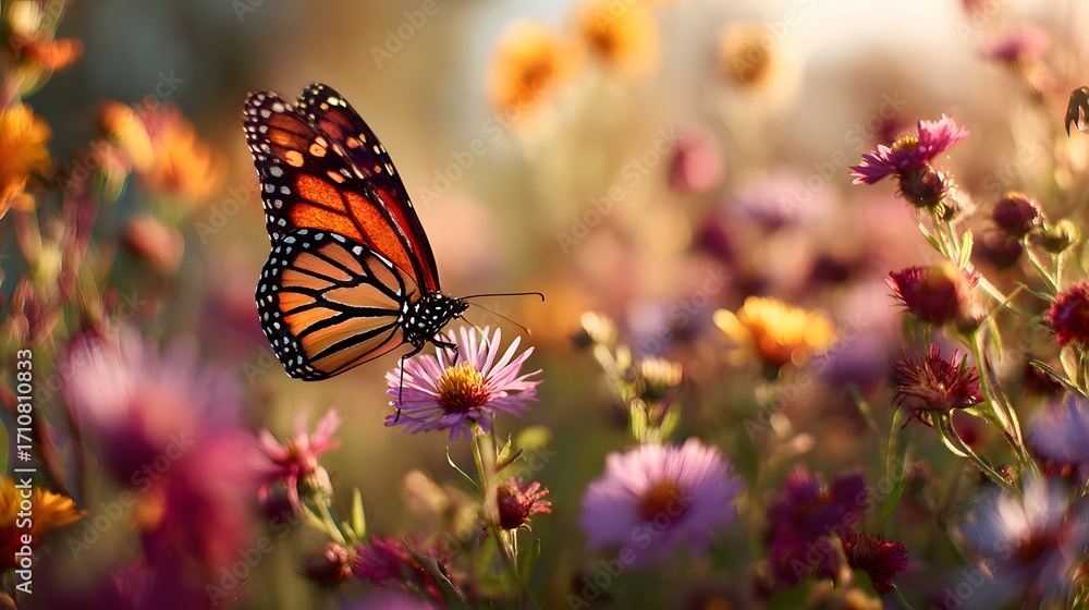 Fototapeta premium Monarch butterfly dances over a vibrant meadow, basking in the warm afternoon sun amidst soft focus flowers.