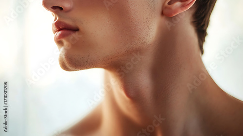 Close up of young male shoulder and collarbone with smooth skin and subtle facial features, showing calm and serene expression, natural lighting highlighting skin texture and contours