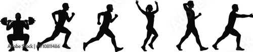Fitness silhouette vector, workout poses illustration, gym exercise clipart, running jumping squatting walking, black figure design, training movement graphic, editable content