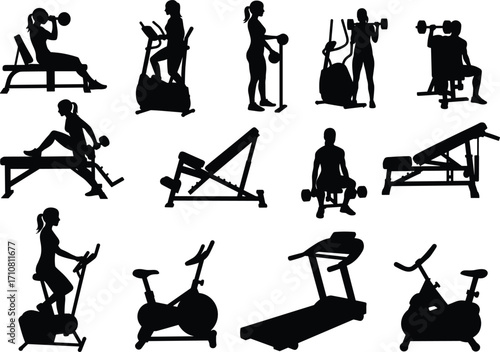 Gym equipment silhouette vector, fitness exercises, workout machines, dumbbell training, elliptical, treadmill, leg press, active lifestyle, health concept, sports illustration