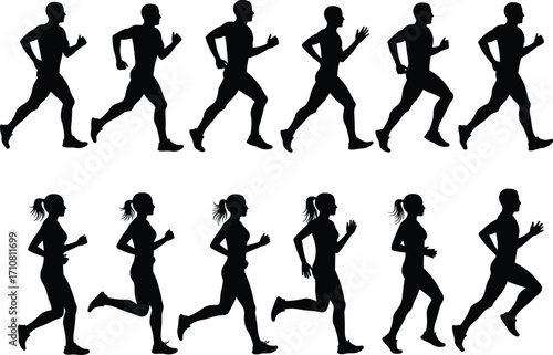 Running silhouette vector, male and female joggers, dynamic motion, fitness poses, sports training, athletic movement, health concept, exercise illustration, active lifestyle