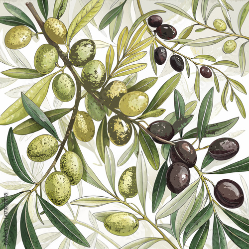 Vector Illustration of Olive Branches with Green Leaves and Fruits