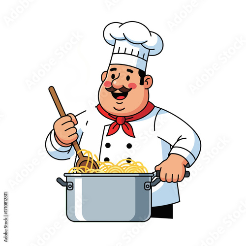Joyful cartoon chef expertly stirring a delicious pot of fresh pasta, showcasing culinary passion