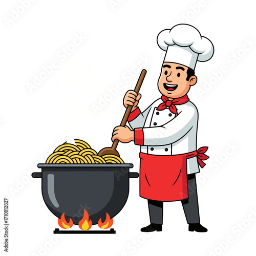 Happy Chef Cooking Pasta in a Large Pot with Flames Below, Cartoon Illustration