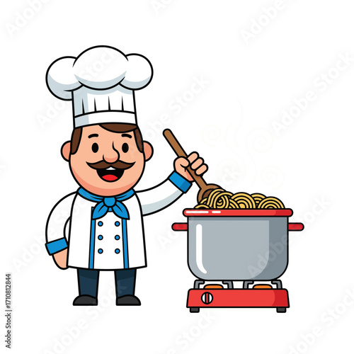 Delightful cartoon chef preparing a steaming pot of delicious spaghetti pasta for a perfect meal. Culinary master at work