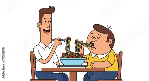 Cartoon illustration of a dad and his child sharing a fun pasta meal with big meatballs
