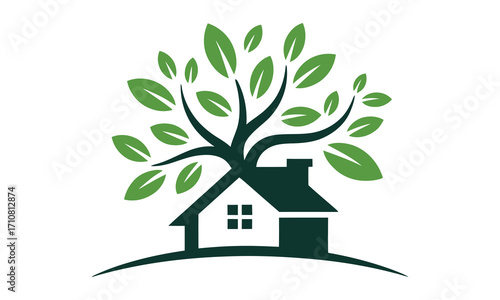 Green tree growing from house roof symbolizing eco friendly real estate growth and sustainability