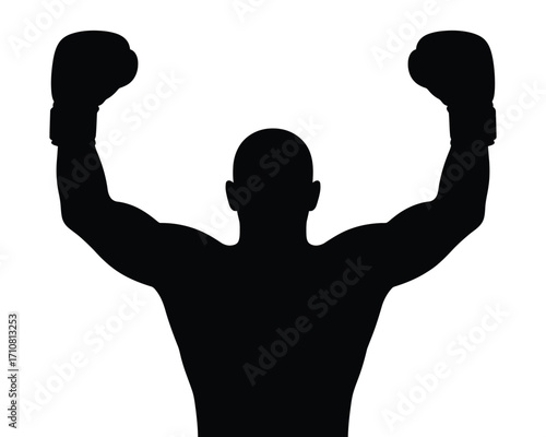 Silhouette of a victorious boxer with arms raised in triumph
