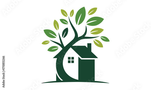 Green tree growing from house roof symbolizing eco friendly real estate growth and sustainability