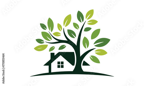 Green tree growing from house roof symbolizing eco friendly real estate growth and sustainability