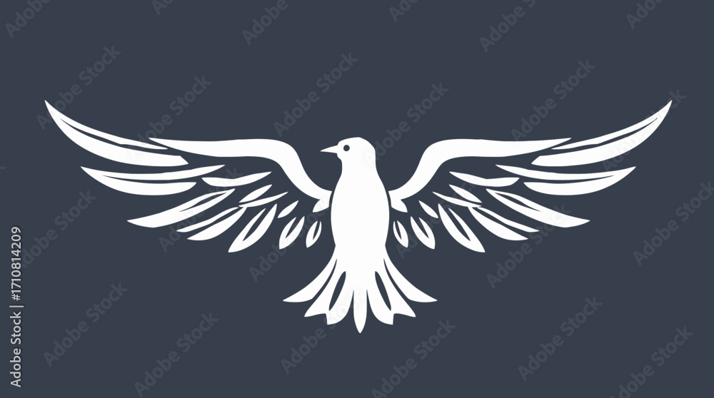 Obraz premium White stylized dove with outstretched wings against a dark blue background, creating a simple, elegant symbol.