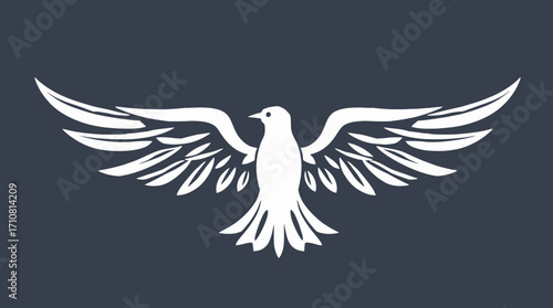 White stylized dove with outstretched wings against a dark blue background, creating a simple, elegant symbol.