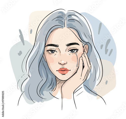 Artistic Handdrawn Crying Woman Illustration with Emotional Expression in Soft Tones