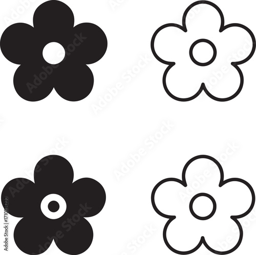 Flower icons set, four floral botanical blossom icons, black silhouette, outline, filled, thin stroke, minimal vector, editable isolated design, nature and decorative flower symbols